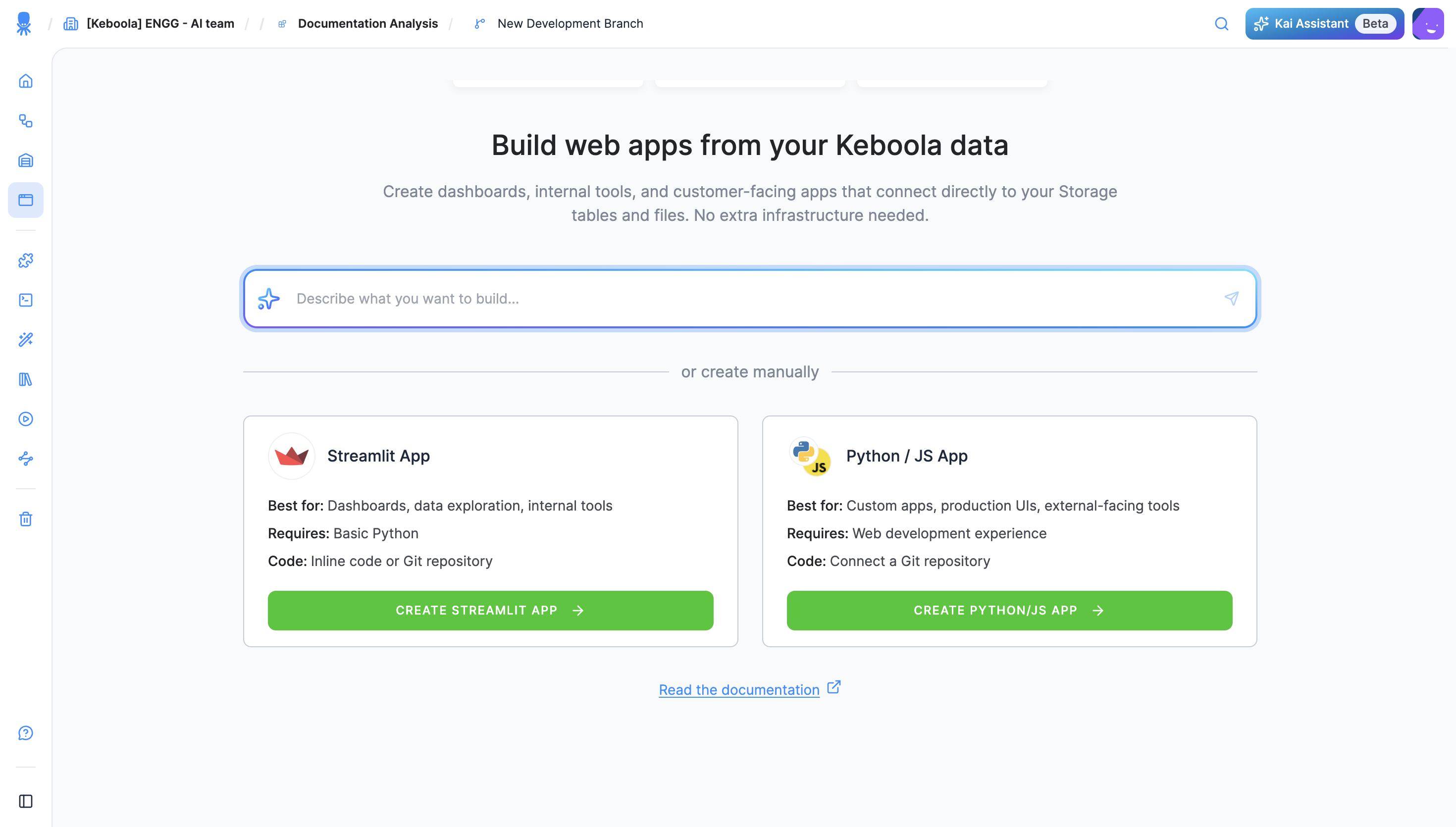 The Create App screen: the Kai prompt at the top and, under "or create manually", the stack choice cards