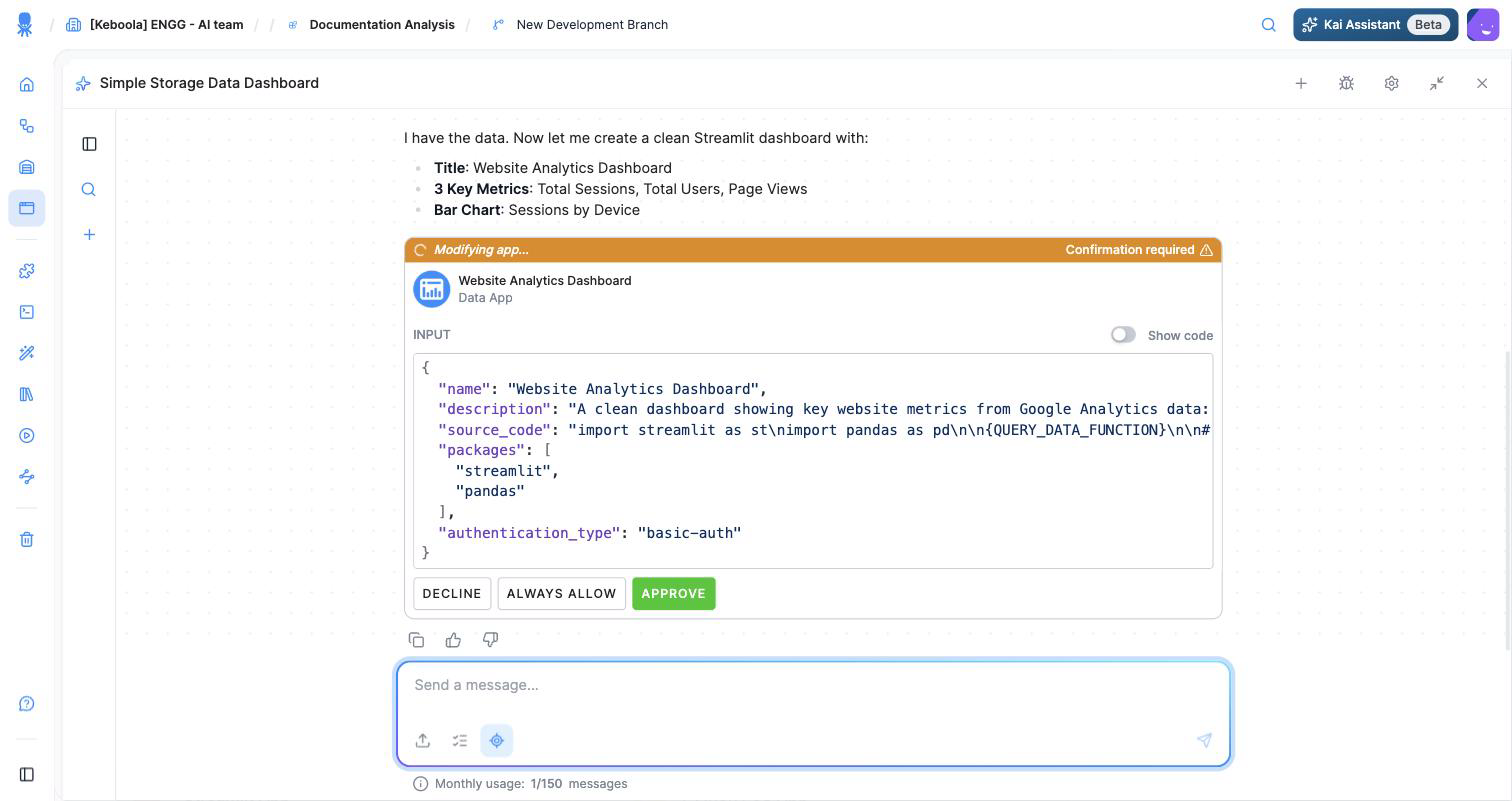 Kai's confirmation step showing the generated app configuration with Approve, Decline, and Always allow buttons